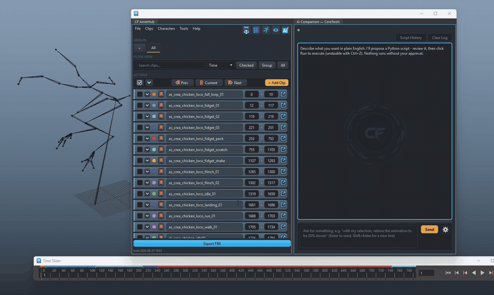 AnimHub inserting a new 100-frame clip at frame 221, every later clip's range shifted 100 frames later, and the selected object's keyframes shifted to match