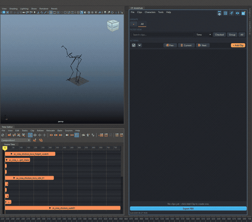 Overlapping Time Editor clips repositioned end-to-end with a 2-frame gap between each, then AnimHub's own clip list replaced from the retimed Time Editor and the result baked back onto the scene's keyframes