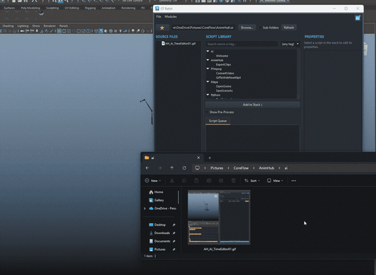 CF Batch's Process Queue running an AI-authored ffmpeg compression script against a queued animated GIF, producing a versioned, size-checked output under the 25MB limit