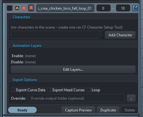 Expanded row body: Characters, Animation Layers, and Export Options sections