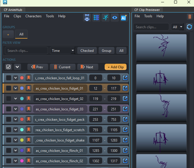 AnimHub's main window docked beside the standalone Clip Previewer gallery window