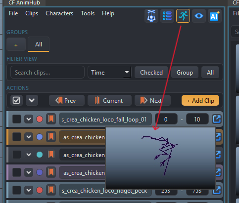 Preview Toggle enabled in the corner toolbar, with the hover popup playing back a clip's cached animation over the row list